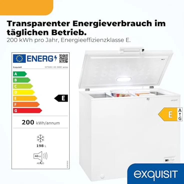 Exquisit GT5201-HE-040E Gefriertruhe, 198 l Nutzinhalt, 41 dB, Schnellgefrieren, LED-Beleuchtung, weiss – Bild 2