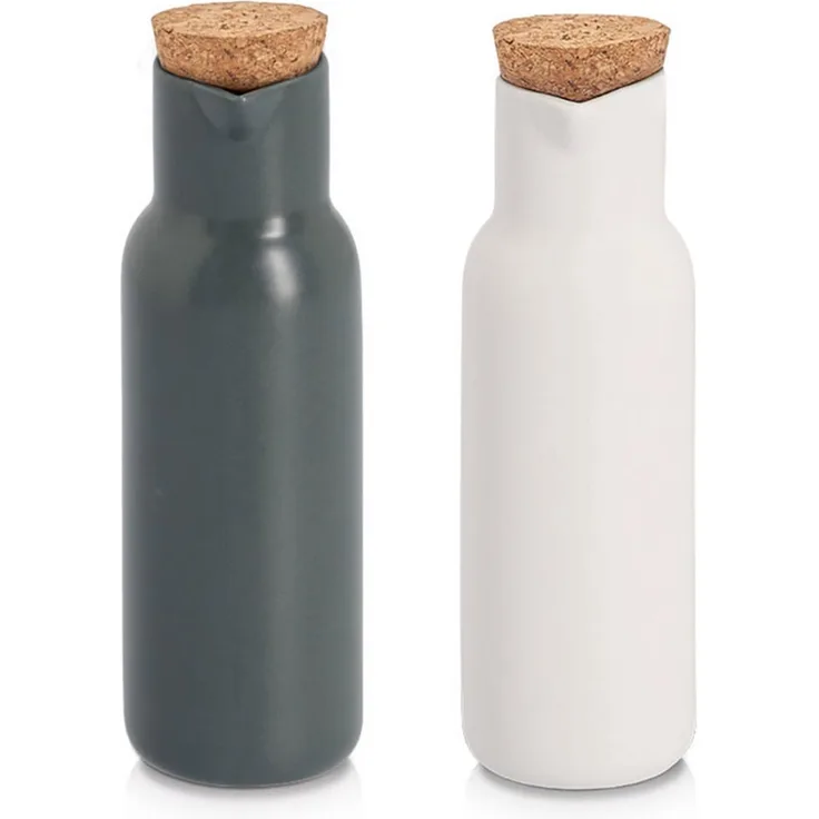 Zeller Present Menage-Set Essig-/Ölflasche, 2-tlg., präziser Ausguss, Korkverschluss, matte schwarze Keramik, 300 ml