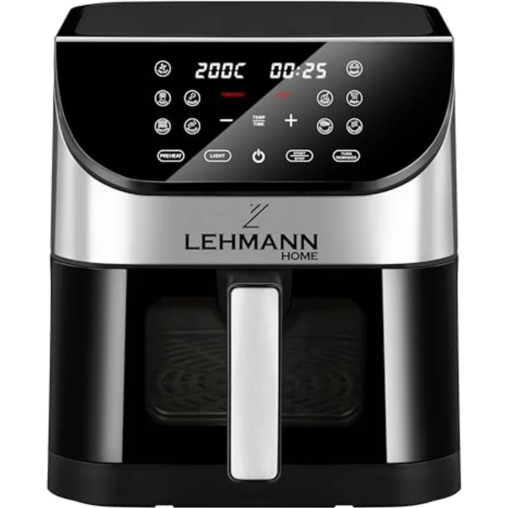 LEHMANN Heißluftfritteuse 6L mit 10 Kochprogrammen, 1500 W, digitalem LED-Touchscreen, ölfreies Braten