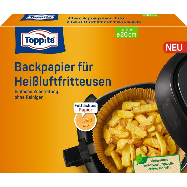 Toppits Backpapier für Heißluftfritteusen, Ø 20cm, fettdicht und antihaft-beschichtet, 20er Pack