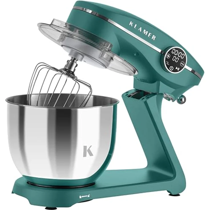 KLAMER Küchenmaschine 1800W, Knetmaschine mit 6 Liter Edelstahl Schüssel, 10 Geschwindigkeitsstufen mit Timer, Rührbesen, Knethaken, Schneebesen und Spritzschutz, in Silber – Bild 3
