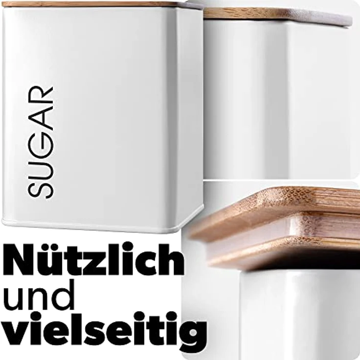 KADAX Vorratsdose "SUGAR", luftdichter Vorratsbehälter aus pulverbeschichtetem Stahl, quadratisch, weiß – Bild 2