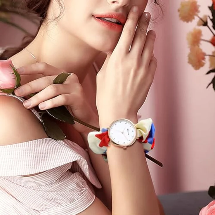 JewelryWe Damenuhr Elastisches Haarband Uhr Rot Blumen Floral Analog Quarz Armbanduhr mit Haargummi Stretch Armband, Multifunktionale Lässige Uhr für Frauen und Mädchen – Bild 5