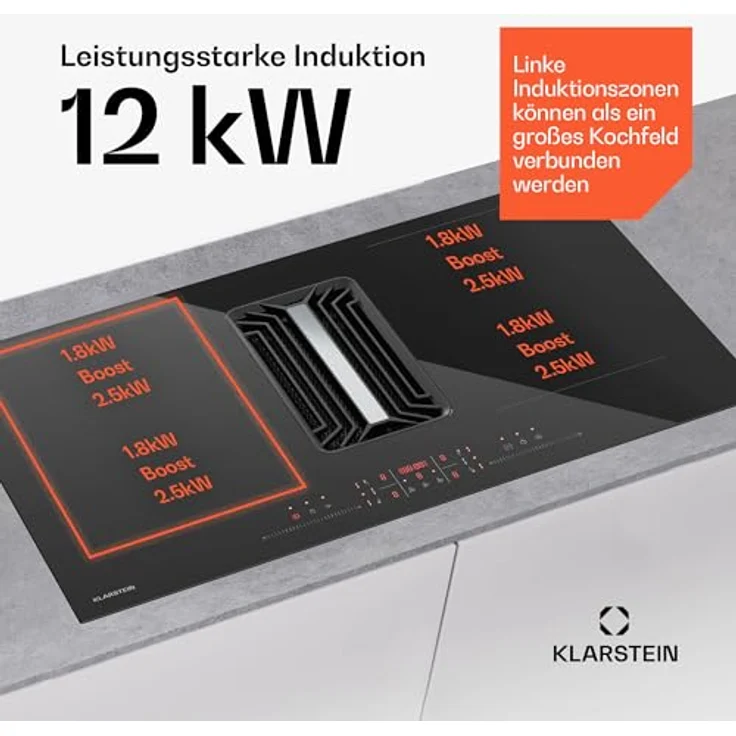 Klarstein AirJet Induktionskochfeld mit Dunstabzug, 12 kW, Boost 750 m³/h, 9 Stufen, Touch-Bedienfeld, leise 58 dB, Bridge-Connect, Schwarz – Bild 4