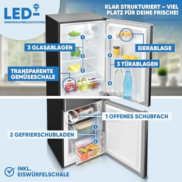 Bomann Kühlschrank KG 7359 schwarz-inox | Kühl Gefrierkombination 173L mit 3 Ablagen & 3 Schubladen | leise Kühlgefrierkombi 40db – Bild 2