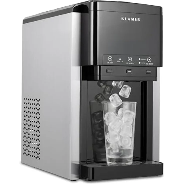 KLAMER 3-in-1 Eiswürfelmaschine mit Crushed Ice, Wasserspender, Selbstreinigung, Edelstahl, Schwarz, 12 Eiswürfel in 7-12 min – Bild 1