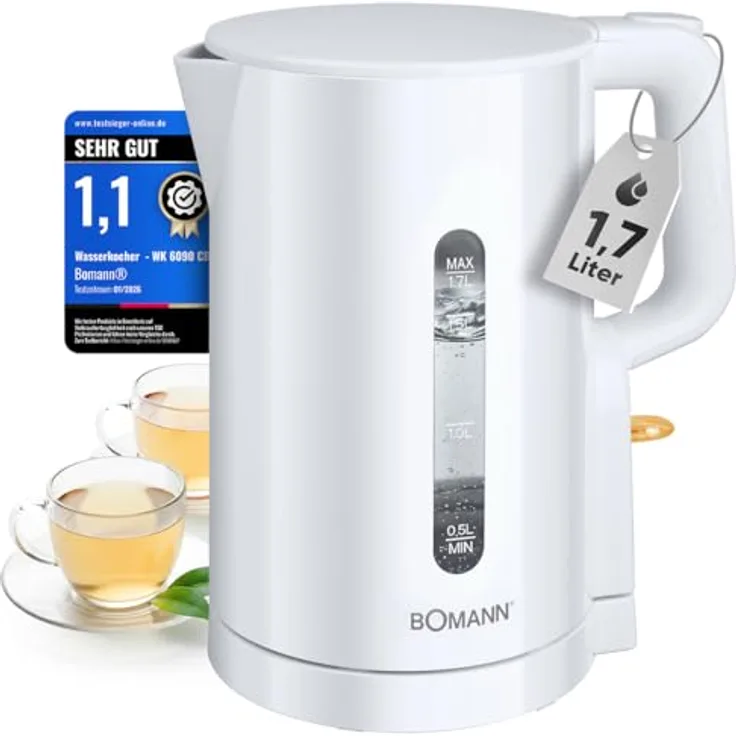 Bomann Wasserkocher WK 6090 CB, 1,7L, 2200W, BPA frei, Einhandbedienung, Wasserstandsanzeige, Überhitzungsschutz, weiß