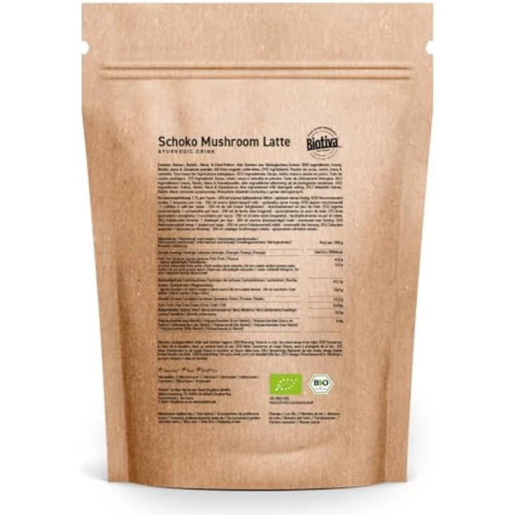Biotiva Schoko Mushroom Latte Bio 100g, veganer Pilz Kaffee Drink mit Reishi, Kakao, Maca und Zimt, ohne Zuckerzusatz, abgefüllt in Deutschland – Bild 2