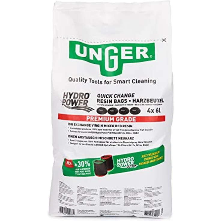 UNGER QuickChange Harzbeutel 24 l (4 Beutel, für Reinwasser-Reinigung, Harztaschen, vorportioniert Premium Ionen-Austauschharz) DIB84 – Bild 2