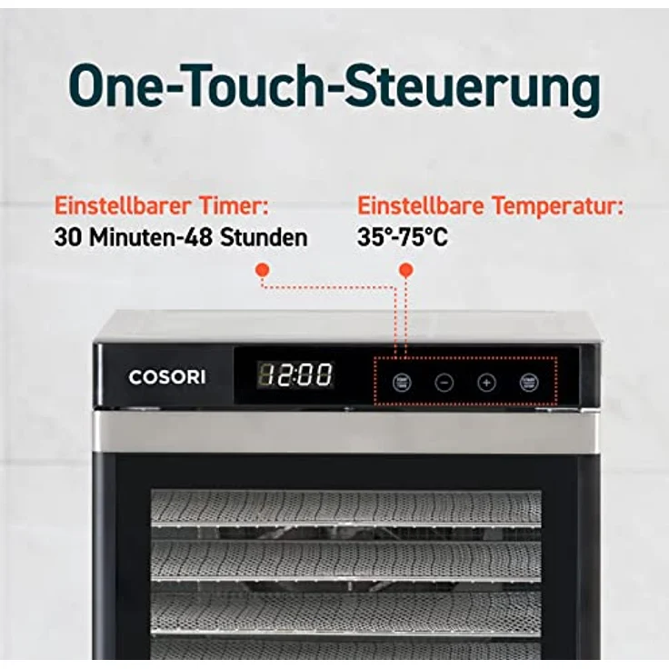 COSORI Dörrautomat Food Dehydrator mit 3 Dörrgitter, 3 Dörrmatten, 7 Ebenen, 650 Watt, silber, Edelstahl – Bild 6