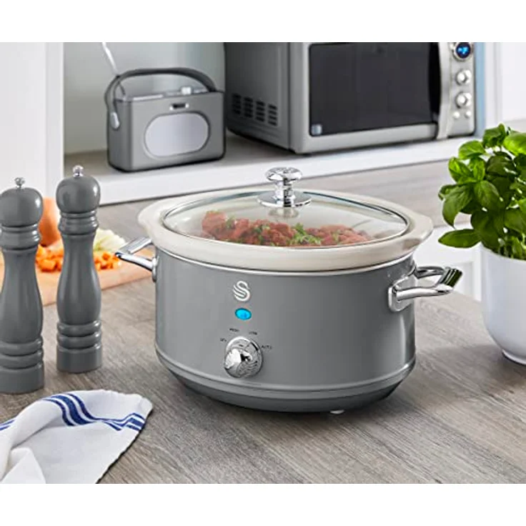 Swan Retro SF17021GRNEU Slow Cooker 3,5L Abnehmbarer Kochbehälter, PFOA- und PTFE-freier Keramischer Antihaft-Behälter, 3 Temperaturstufen, Glasdeckel, Vintage-Design, Grau, 200W – Bild 2