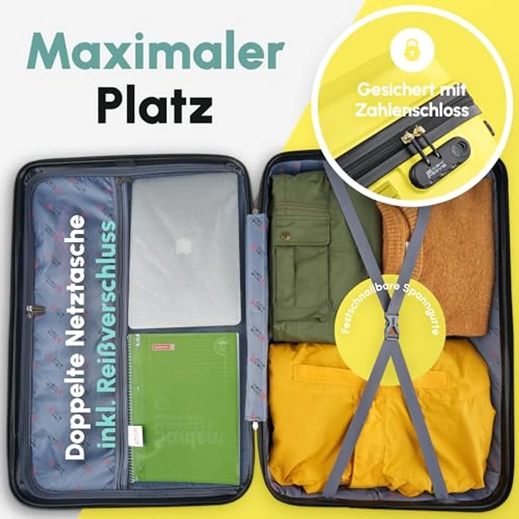 Easy Move ABS Hartschalenkoffer, Mittelgroßer Trolley mit 360° Rädern, integriertes Zahlen-Schloss, Gelb, 65cm – Bild 4