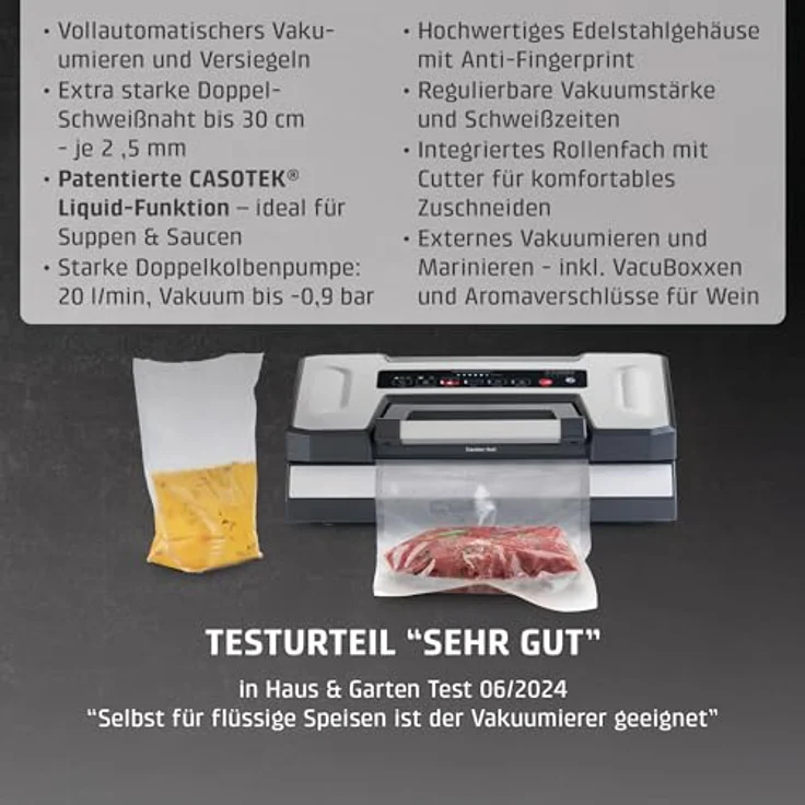 Caso Vakuumierer VRH 800 advanced Pro, mit CASOTEK® Liquid Funktion, Edelstahlgehäuse, 130W, 30 cm Schweißnaht, inklusive 2 VacuBoxxen und umfangreichem Zubehör – Bild 4