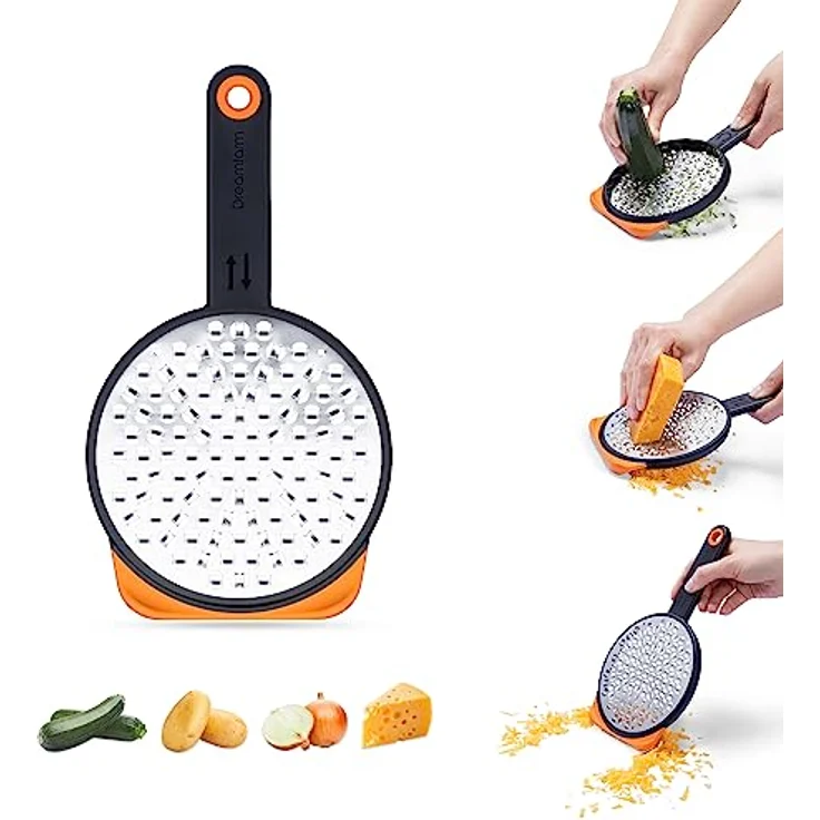 Dreamfarm Ograte Schnellreibe für grobe Lebensmittel und Gemüse, zweiseitig, mit rutschfestem Schüsselhaken und Fuß, 6 mm grobe Reibe, Orange – Bild 1