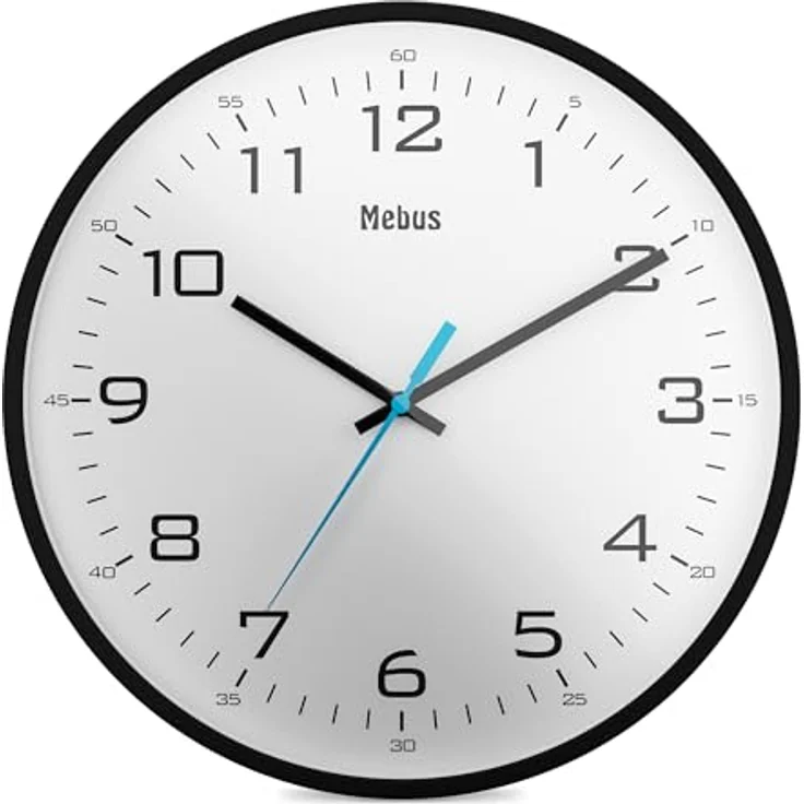 Mebus moderne Quarz-Wanduhr 30 cm, klassisches Design mit großen schwarzen Ziffern und blauem Sekundenzeiger, schwarz, Modell 16247 – Bild 1