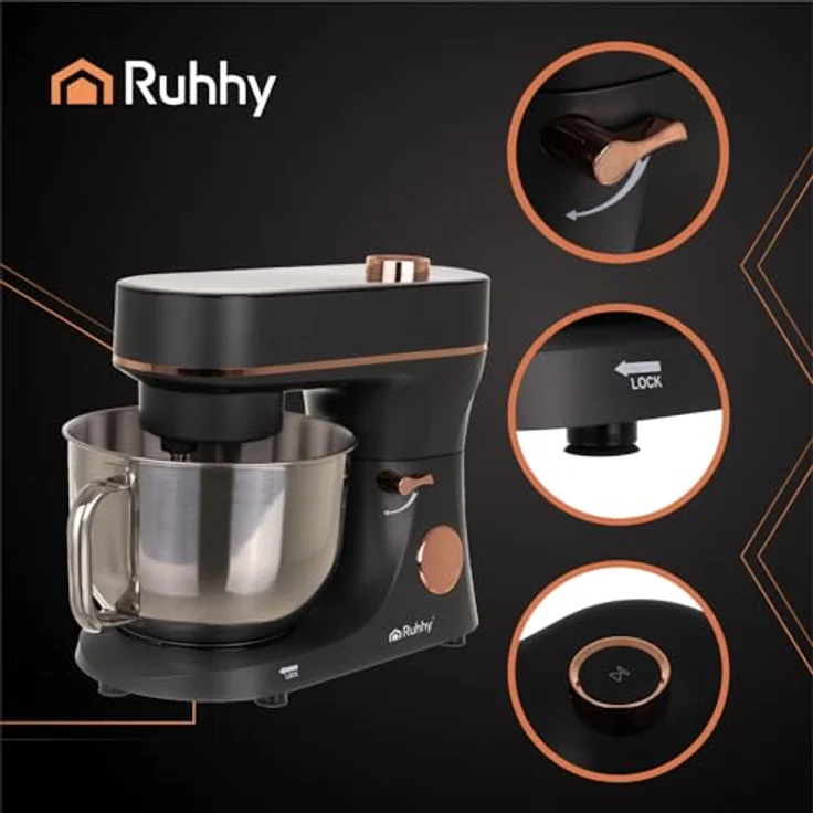 RUHHY Küchenmaschine mit beheizbarer Rührschüssel 6,2L, Planetenrührgerät 2000W, 11 Geschwindigkeiten & Touchdisplay, Teigknetmaschine für Brot, Pizza, Kuchen & Gebäck (Schwarz und Gold) – Bild 3