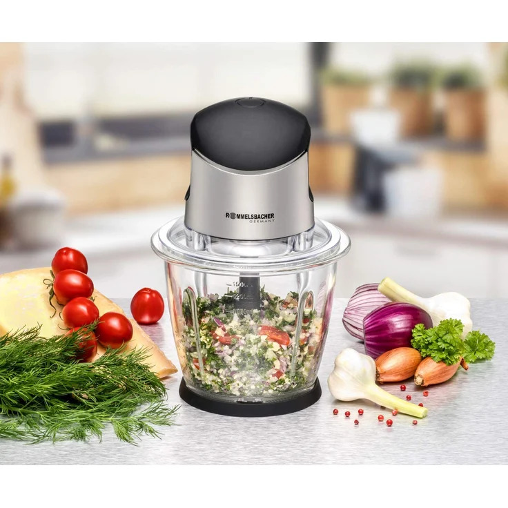 Rommelsbacher MZ 500 Universalzerkleinerer, kraftvoller Motor, 4-flügeliges Spezialmesser aus Edelstahl, 1,5 Liter Glasbehälter, schwarz-Chrom gebürstet, 500 Watt – Bild 2