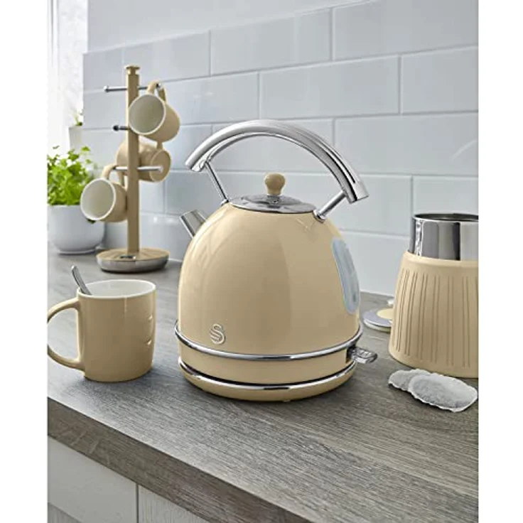SWAN STP7050CNEU Retro Frühstücksset, Wasserkocher 1,8L kabellos mit Überhitzungsschutz und 2 Breitschlitz-Toaster in Vintage Creme – Bild 2
