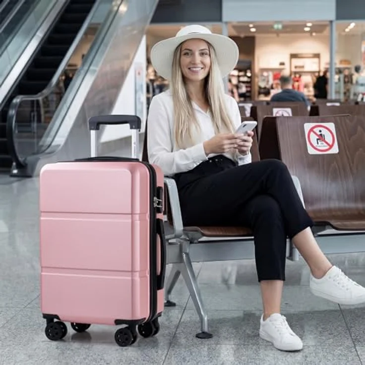 YONSLY Trolley Suitcase, Hartschalenreisekoffer mit 4 Rollen 360°, Zahlenschloss, Teleskopgriff (L, Roségold) – Bild 2