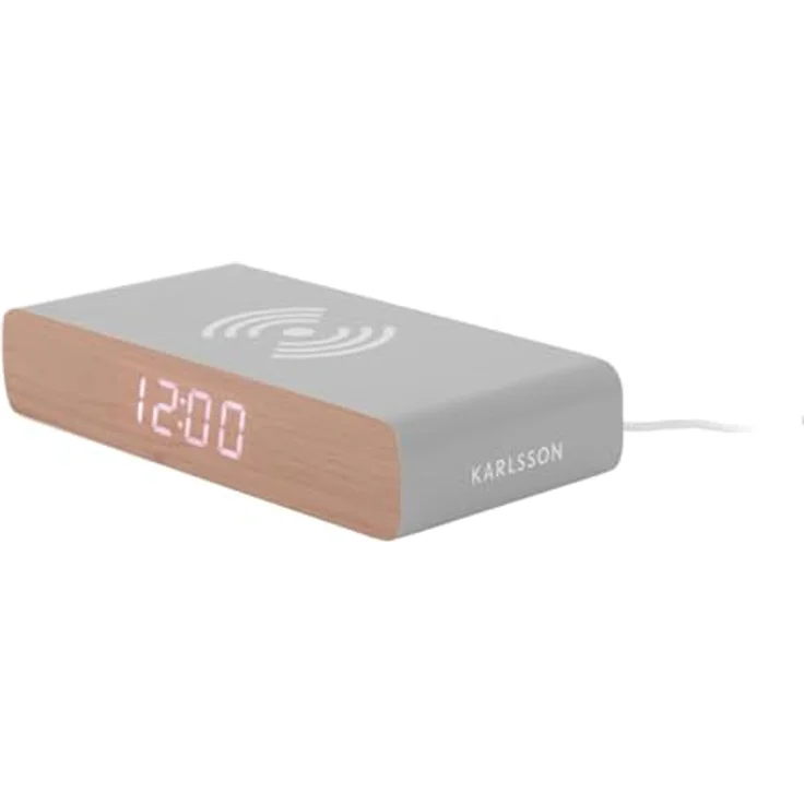 Karlsson Digitalwecker Retro Flat Mouse Grey, Wecker mit Qi-Ladegerät und USB-Ports, digitale LED-Anzeige, Batteriebetrieb und Netzbetrieb – Bild 3