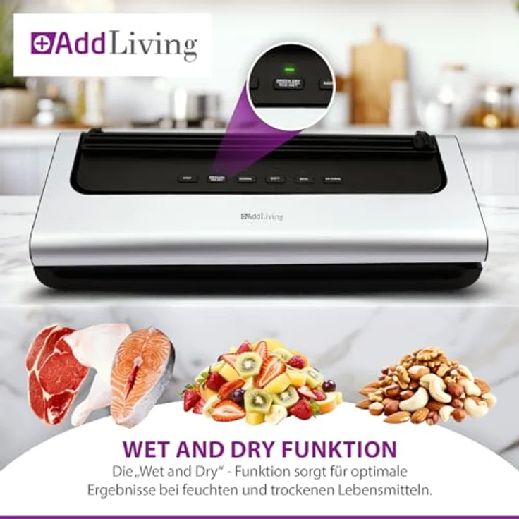 AddLiving Vakuumierer für Lebensmittel, Wet & Dry Funktion, inkl. 5 Vakuumbeutel (20 x 30 cm), mit Soft-Funktion & Schlauchanschluss, Folienschweißgerät – Bild 5