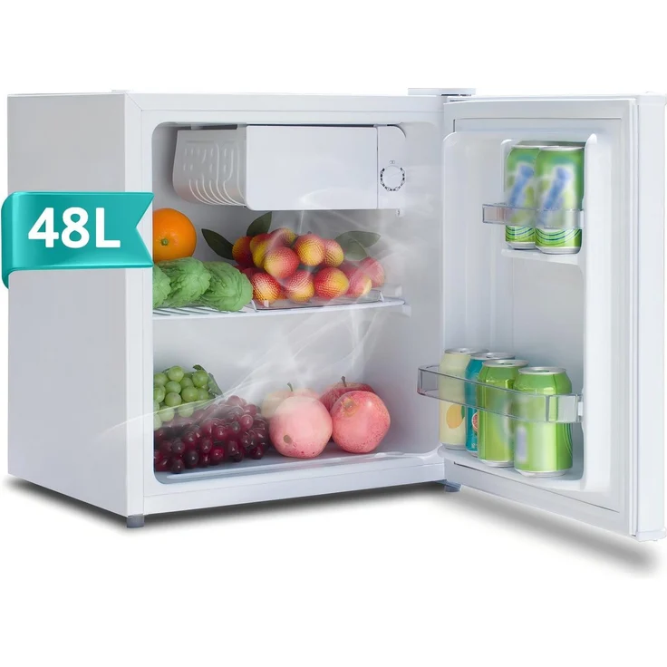 Smad DSF-48D6E, Reversibler Einzeltür Mini-Kühlschrank mit 6-stufigem Thermostat, 51 cm hoch, 45 cm breit, flüsterleise 39 dB, in Weiß für Schlafzimmer/Büro