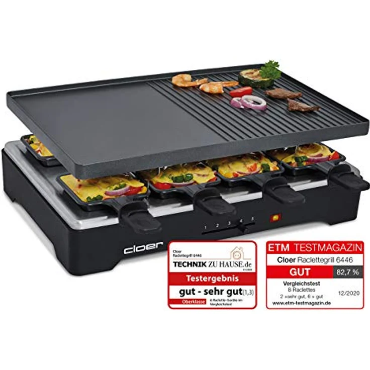 Cloer 6446 Raclettegrill mit Aluminium Druckguss Platte - beidseitig verwendbar, 1200 W, 8 antihaftbeschichtete Raclettepfännchen, schwarz – Bild 2