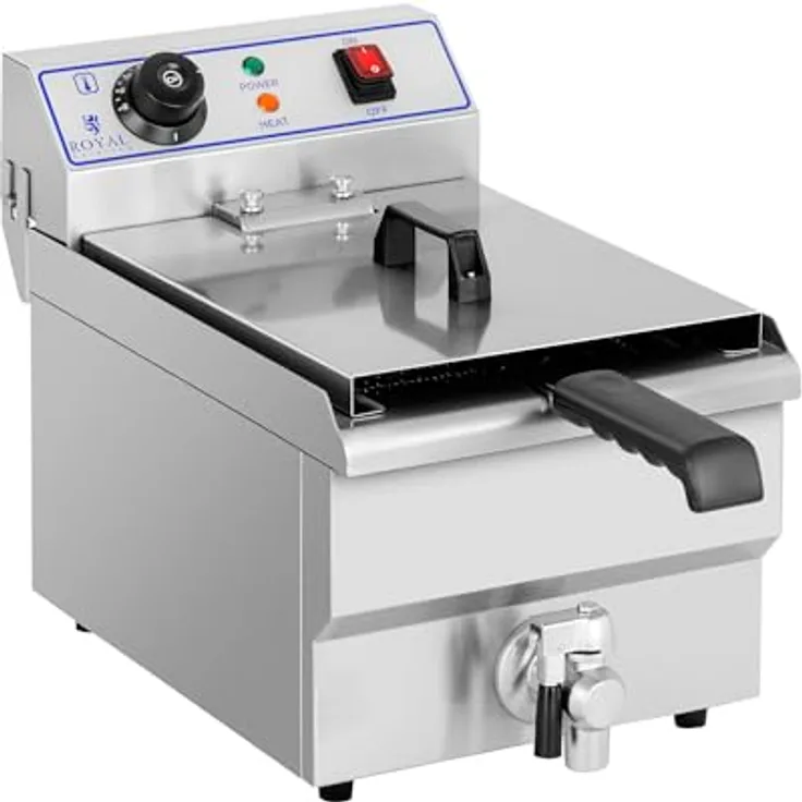 Royal Catering Fritteuse 10 L Edelstahl Kaltzone mit Ablasshahn Gastronomie, 3200 W - Profi Elektro-Fritteuse mit 10 l Kapazität, 3200 W, Edelstahl