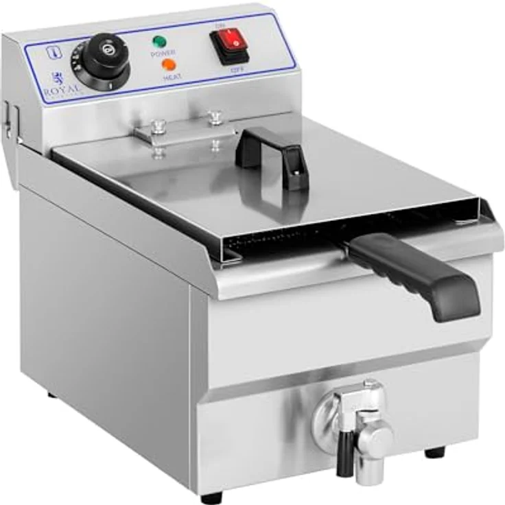 Royal Catering Fritteuse 10 L Edelstahl Kaltzone mit Ablasshahn Gastronomie, 3200 W - Profi Elektro-Fritteuse mit 10 l Kapazität, 3200 W, Edelstahl – Bild 1