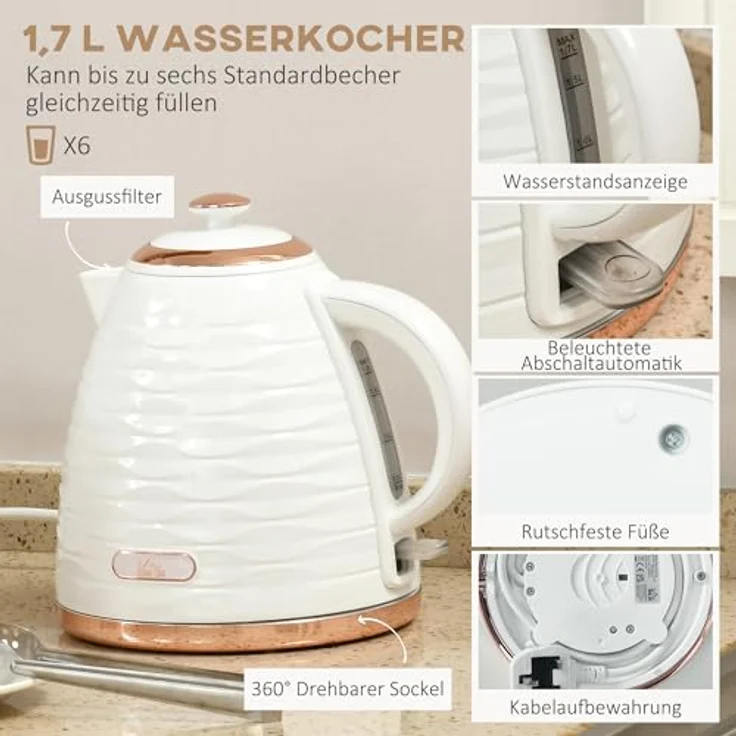 HOMCOM Kocher-Toaster-Set, 4-Scheiben-Toaster und 1,7L Wasserkocher mit Sicherheitsfunktionen, Cremeweiß – Bild 3