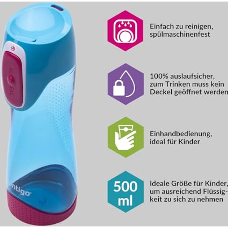 Contigo Trinkflasche Swish Autoseal große BPA-freie Kunststoff Wasserflasche, auslaufsicher, für Sport, Fahrrad, Joggen, Wandern, 500 ml, SkyBlue – Bild 2