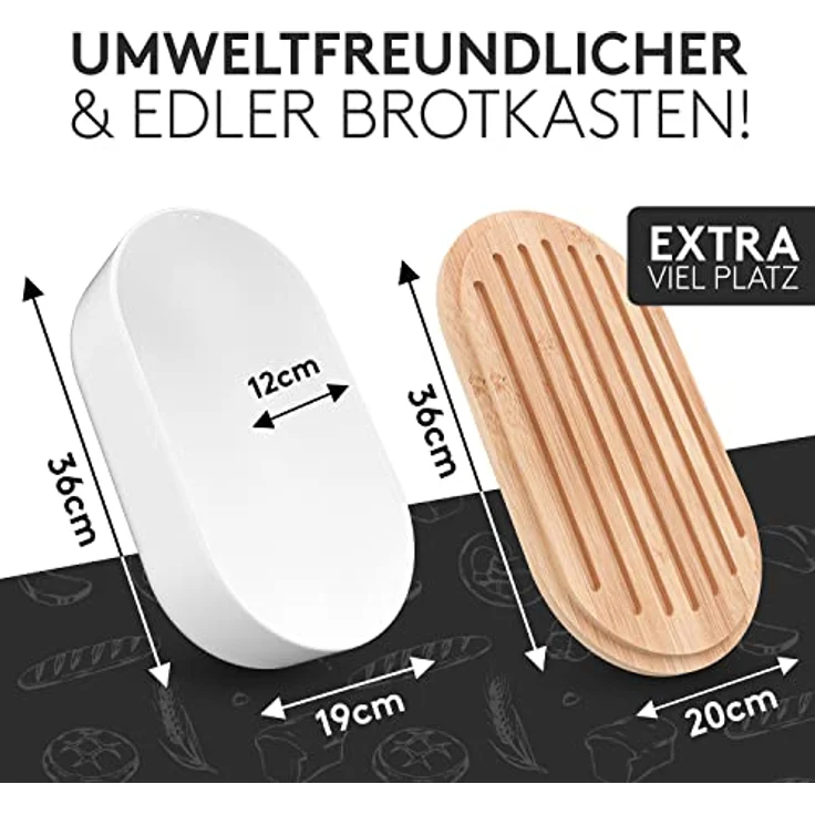 Vezato Brotbox – Nachhaltiger Brotkasten für lange Frische – Extra großer Brotkorb mit Bambusdeckel & Schneidebrett – Nachhaltiger Brotbehälter inkl. Brotsack – Bild 2