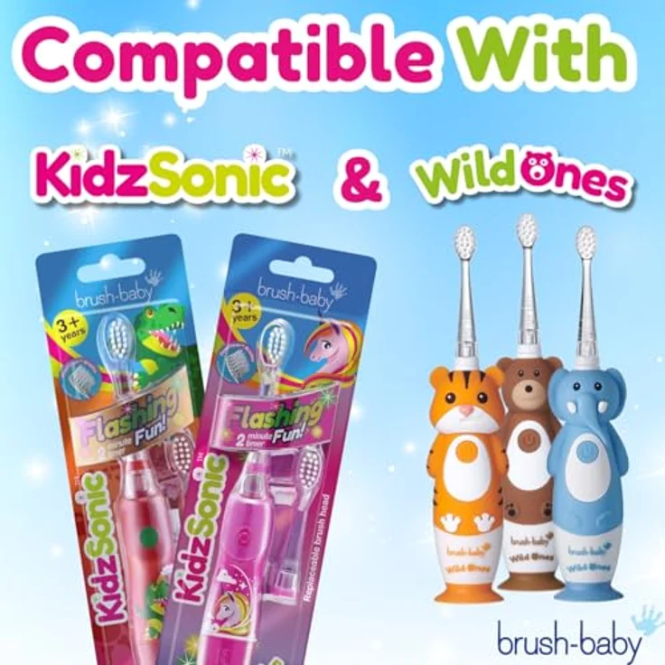 Brush-Baby KidzSonic, Ersatzbürstenköpfe für Kinder, 4 Stück, sanfte Zahnreinigung, Rakete und Einhorn, ab 3 Jahren – Bild 4