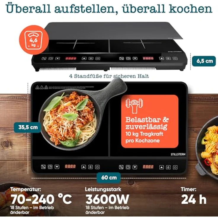 Stillstern Doppel-Induktionskochplatte ChefKoch Xtreme Duo 3600W, 24h Timer, Lautlos-Funktion, Glaskeramik – Bild 6