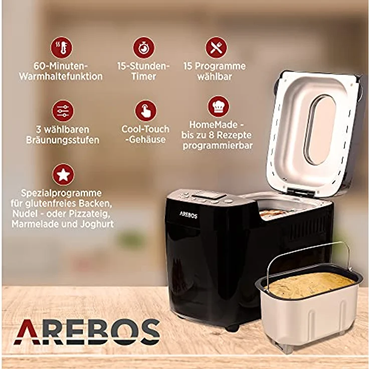 Arebos Brotbackautomat 1500g | mit 15 Programmen | 2 Knethaken | Timer | LCD Display | 3 Bräunungsgrade und Brotgrößen | 850 W | Schwarz – Bild 3
