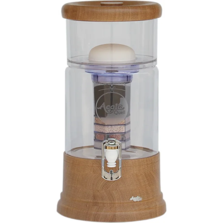 AcalaQuell® Mini Echtholz Eiche rund mit klarem Kristall Glas, Wasserfilter mit ReNaWa®-Technologie und schlanke Form