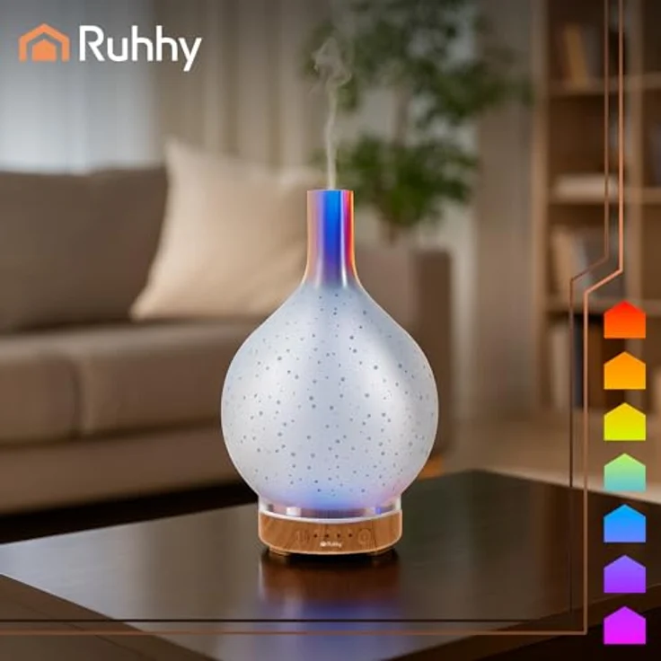 RUHHY Ultraschall Luftbefeuchter & Aroma Diffusor mit Spiegeloptik, leise, Auto-Abschaltung, 7 LED-Farben, Timer 30/60/120 Min, 3 Duftöle (Rose/Lavendel/Meer) – Bild 5