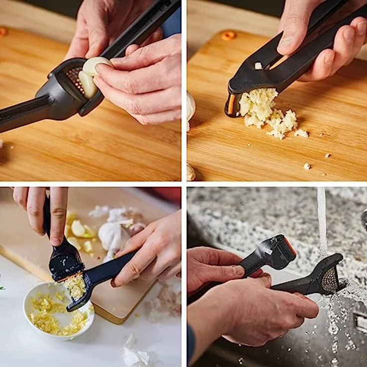 Fiskars Knoblauchpresse mit ausklappbarem Gittereinsatz und Schaber, Länge: 16 cm, Kunststoff-Metall, Functional Form, Schwarz, 1028361 – Bild 3