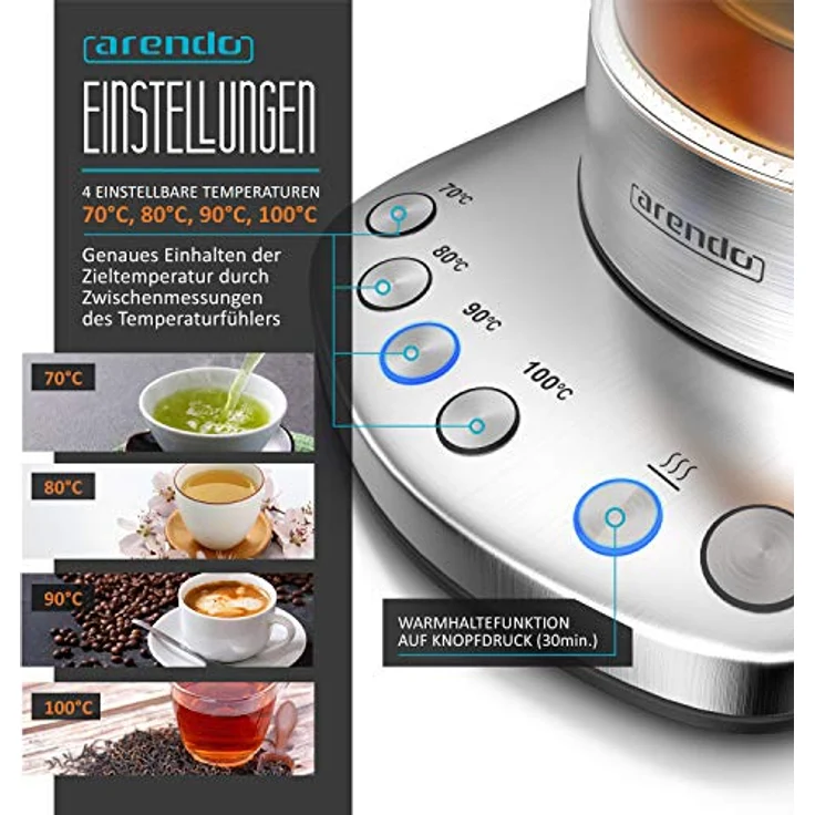 Arendo Glas Wasserkocher mit Temperatureinstellung und Teesieb sowie Aufsatz - Türkischer Teekocher - Edelstahl - Temperaturen 70, 80, 100 Grad - 1,7 Liter - 2400 Watt - Abschaltautomatik – Bild 2