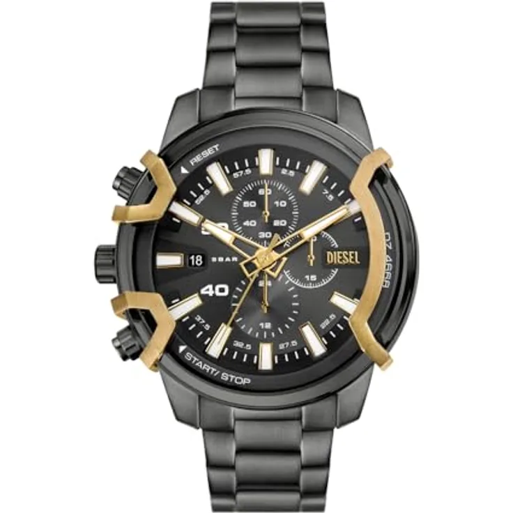 Diesel Herren Analog Quarz Uhr mit Edelstahl Armband DZ4668, 48mm Gehäuse, graues Zifferblatt
