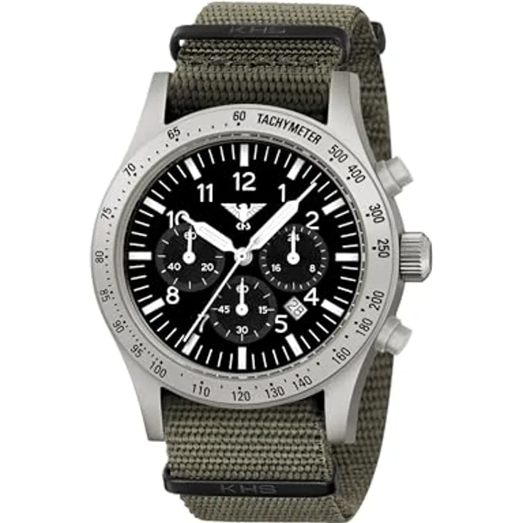 KHS Platoon Steel Solar Chronograph KHS.PLASSC.NSGO mit Natoband Steingrau-Oliv, wasserdicht bis 10 Bar, Solar-Quarzuhrwerk
