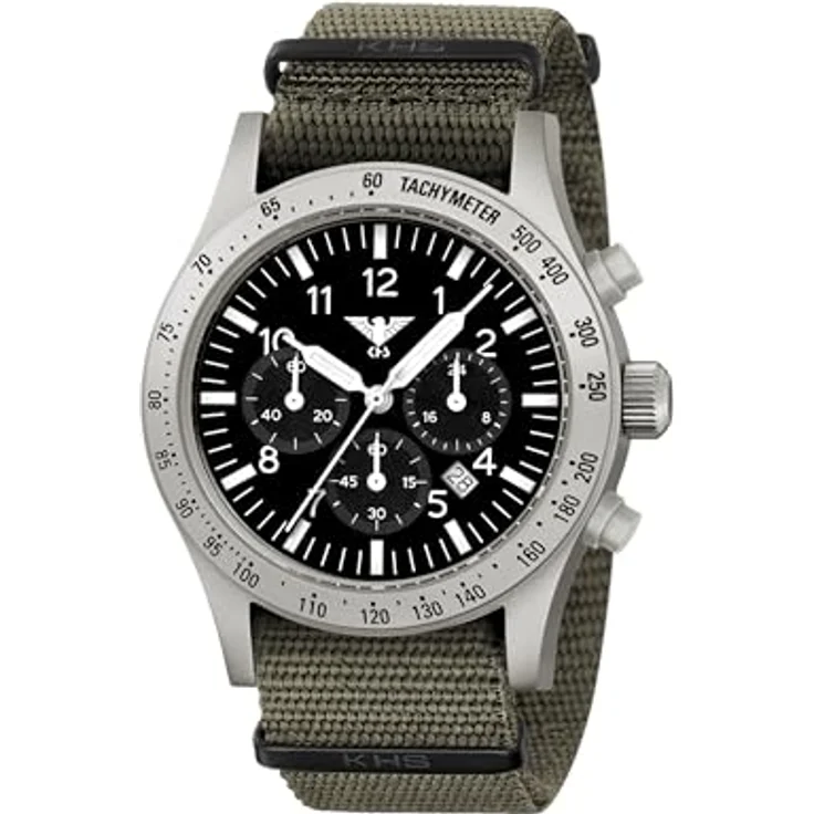 KHS Platoon Steel Solar Chronograph KHS.PLASSC.NSGO mit Natoband Steingrau-Oliv, wasserdicht bis 10 Bar, Solar-Quarzuhrwerk – Bild 1