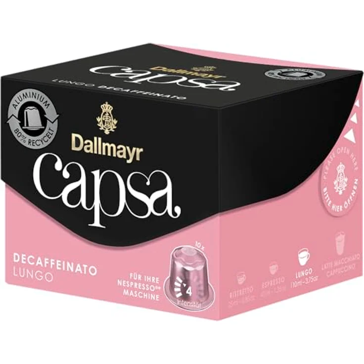 Dallmayr Capsa Lungo Decaffeinato, Nespresso kompatibel Kapsel, entkoffeiniert, Kaffeekapsel, Espressokapsel, 10 Kapseln, 56 g – Bild 3