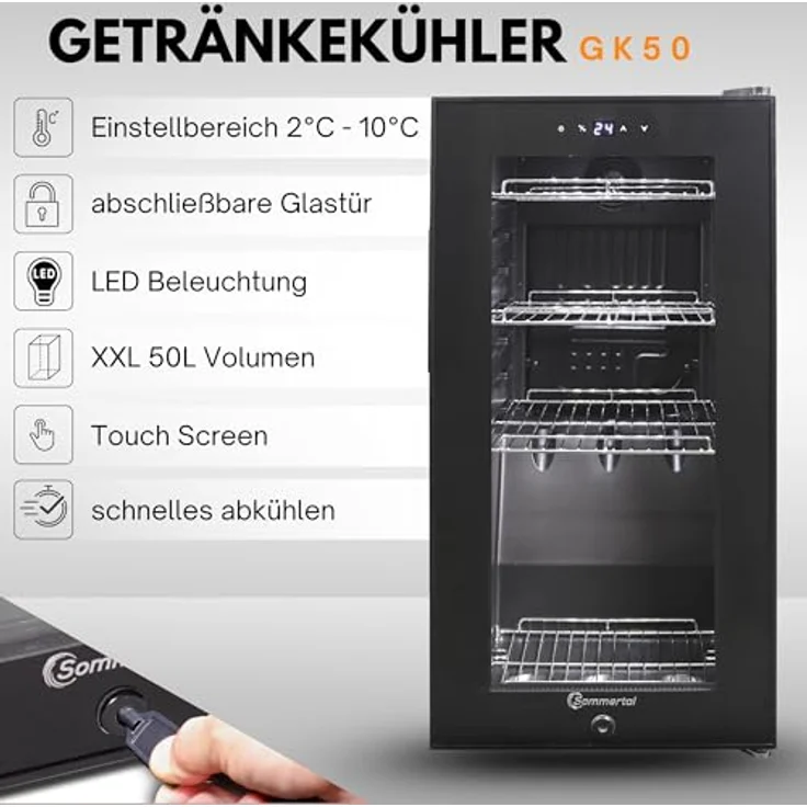 Sommertal Getränkekühlschrank GK50, 50L, 76 cm hoch, Touchscreen, Schloss, schwarz, energiesparend und leise – Bild 2