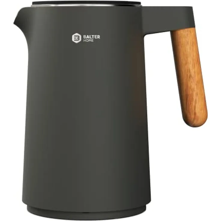 BALTER Edelstahl Wasserkocher mit Temperatureinstellung, 45°C-100°C, Doppelwand, BPA frei, leise & kabellos, Warmhaltefunktion, Teekocher mit Temperaturanzeige, 1.5L, 2200W, Schwarz (Blue Gray)