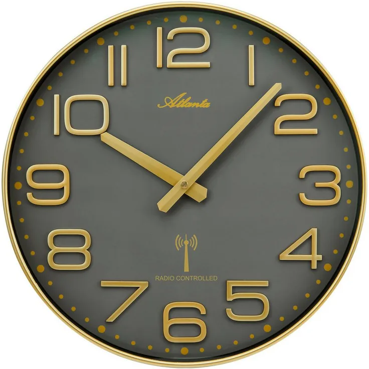 Atlanta Funkwanduhr, Goldfarben/Grau, DCF77 funkgesteuertes Quarzwerk, Durchmesser 35 cm, mattschwarzes Zifferblatt