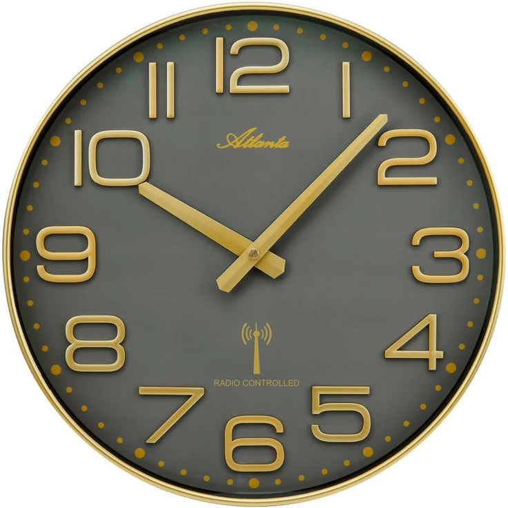 Atlanta Funkwanduhr, Goldfarben/Grau, DCF77 funkgesteuertes Quarzwerk, Durchmesser 35 cm, mattschwarzes Zifferblatt – Bild 1
