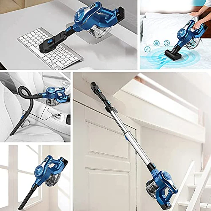 INSE Akku Staubsauger 25KPa 10 in 1 Kabelloser Staubsauger, bis zu 90 Min Laufzeit, 2 Akku Abnehmbarer, mit Elektrobürste für Betten, Staubsauger für Tierhaare Haustier Hartboden Teppich S6P Blau – Bild 4