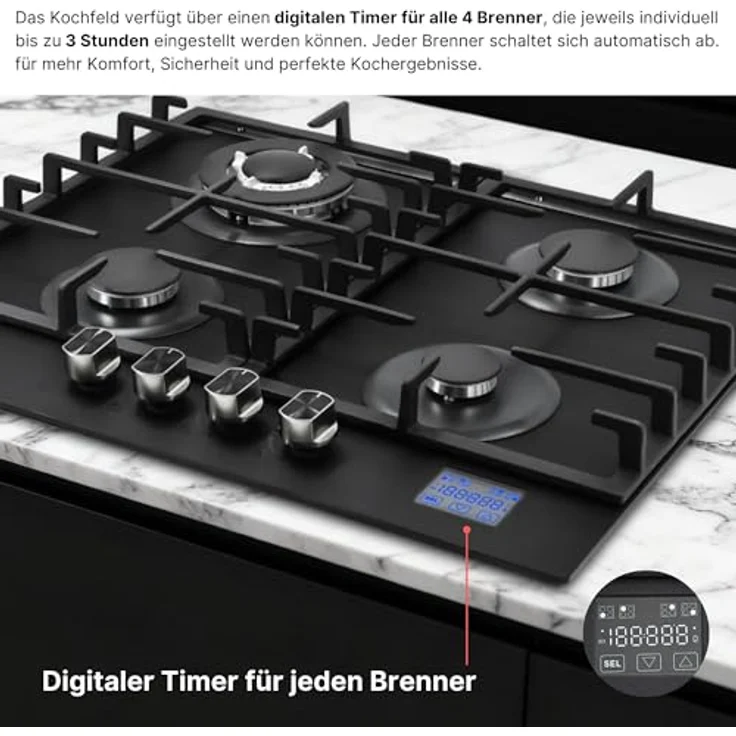 KB ELEMENTS Gasherd 4 Flammig, Einbau-Gaskocher mit digitalem Gas-Stop-Timer, Matt Schwarz, für Propan- und Erdgas, inkl. Wok Brenner und Gusseisenrost – Bild 2