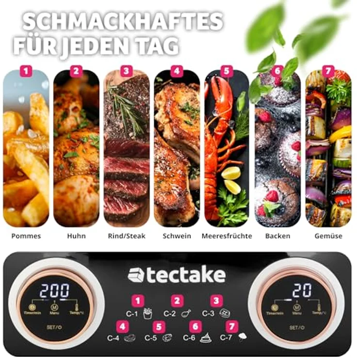 tectake® Heißluftfritteuse 2 Kammern, XXL Doppelkammer Airfryer, Dual Fritteuse mit Heißluft, 8 l Fassungsvolumen, inkl. Zubehör Rezeptheft – Bild 5